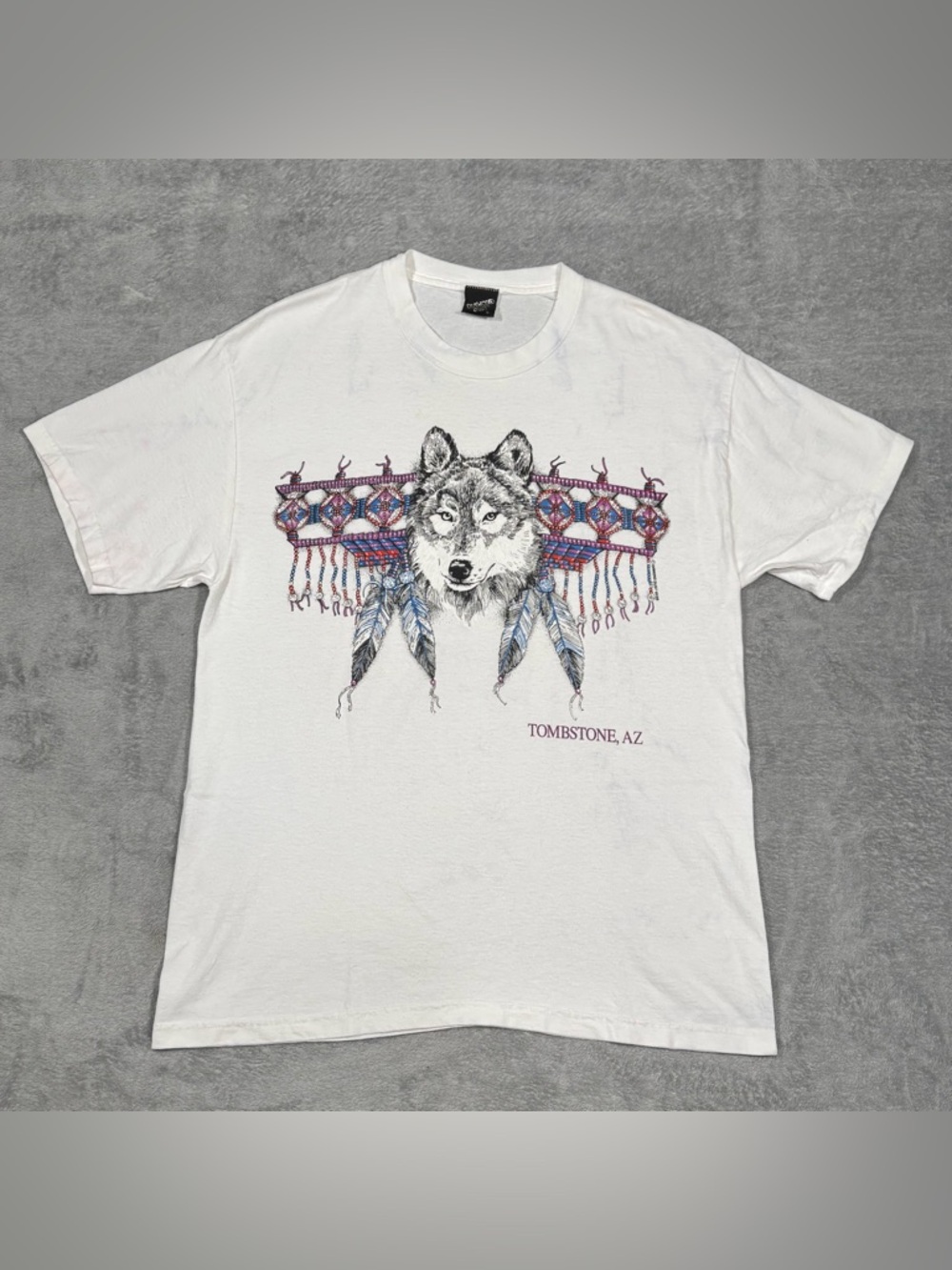 VTG Diamond Dust Wolf Glitter Tombstone AZ USA T Shirt White L Nature Native 90s
